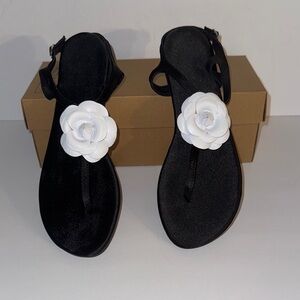 Black Satin Sandals with White Leather Flower Detail New Sz 9